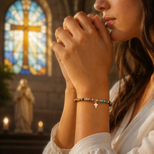 Christian Gifts for Women, Cross Bracelet, Natural Stone Beaded Jewelry - color: Brown