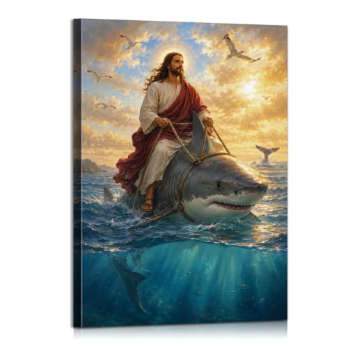 Humorous Christian Jesus Wall Art Jesus Riding Shark Religious Wall Art - color: Art-39, size: 40"L x 28"W