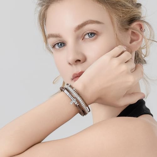 Christian Cross Leather Bracelets Boho Western Blessing Religious Jewelry - color: Brown
