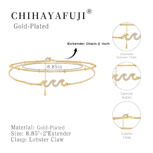 14K Gold/Sterling Silver Plated Ankle Bracelets for Women Waterproof Layered Stackable Sparkly Chain Birthstone Charm Non Tarnish Large Adjustable Birthday Jewelry Gift - color: Gold4