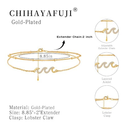 14K Gold/Sterling Silver Plated Ankle Bracelets for Women Waterproof Layered Stackable Sparkly Chain Birthstone Charm Non Tarnish Large Adjustable Birthday Jewelry Gift - color: Gold4