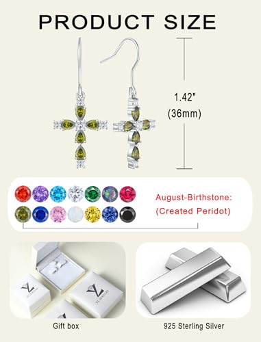 YL 925 Sterling Silver Cross Dangle Earrings Halo Birthstone Hook Earrings Religious Jewelry for Women - color: 8-peridot-Aug