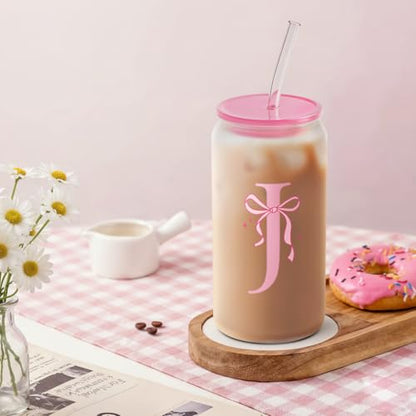 SANDJEST Monogrammed Glass Drinking Can Cup with Acrylic Lid and Straw, Personalized Frosted Iced Coffee Tumbler 16oz, Monogram Initial Gifts for Women Girls on Birthday (J) - color: J