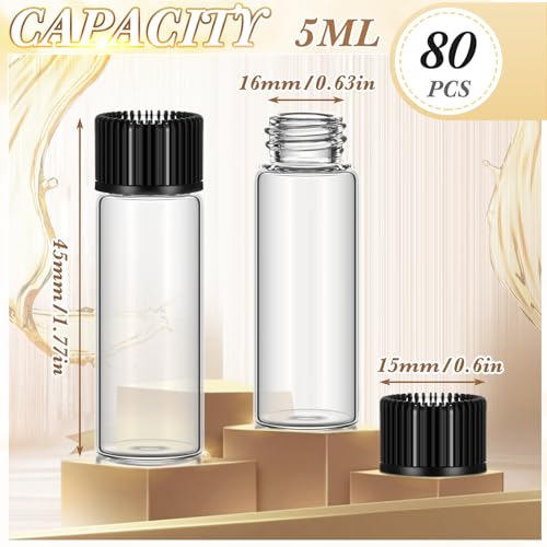 Lallisa 80 Pcs 5 ml Glass Vials with Screw Caps, Leakproof Small Glass Bottles Bulk, Mini Sample Vials with Plastic Stopper for Essential Oils, Sample, DIY Craft (Clear with Black Cap) - color: Clear with Black Cap, size: 5 ml