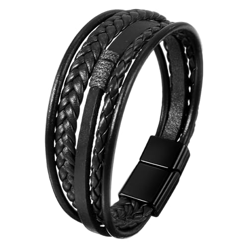 Grevosea Men's Braided Bracelet, Adjustable Brown Knot Mens Leather Multi-strand Bracelet Gift for Husband Boyfriend - color: Black