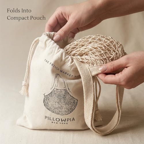 PILLOWPIA French Market Bag – Organic Cotton Tote, Handcrafted Adjustable Strap, Eco-Friendly 12-15" Farmers Market Carrier - color: Natural