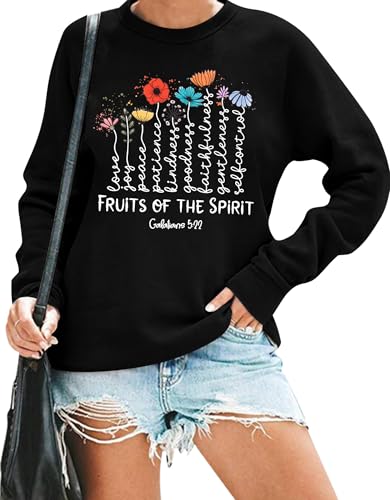 KIDDAD Christian Sweatshirts for Women Jesus Sweatshirt Bible Verse Sweatshirt Fruits of the Spirit Long Sleeve Pullover - color: Black, size: Small