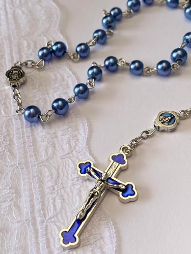Catholic Rosary Necklace, Solid Glass Beads, Prayer Guide Included, Faith Gift for Women - color: blue