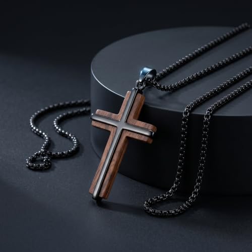 Cross Necklace for Men 925 Sterling Silver & Wood Cross Pendant with Stainless Steel Chain Cross Necklace for Men Women Christian Jewelry Gift - color: Cross-1