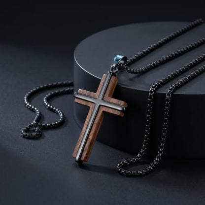 Cross Necklace for Men 925 Sterling Silver & Wood Cross Pendant with Stainless Steel Chain Cross Necklace for Men Women Christian Jewelry Gift - color: Cross-1