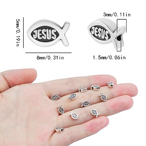 100pcs Jesus Fish Spacer Beads Religious Charm Beads Tibetan Alloy Christian Fish Shape Loose Beads for DIY Bracelet Necklace Jewelry Making Supplies - color: Antique Silver