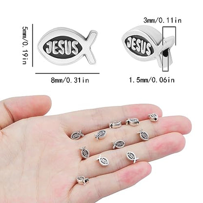 100pcs Jesus Fish Spacer Beads Religious Charm Beads Tibetan Alloy Christian Fish Shape Loose Beads for DIY Bracelet Necklace Jewelry Making Supplies - color: Antique Silver