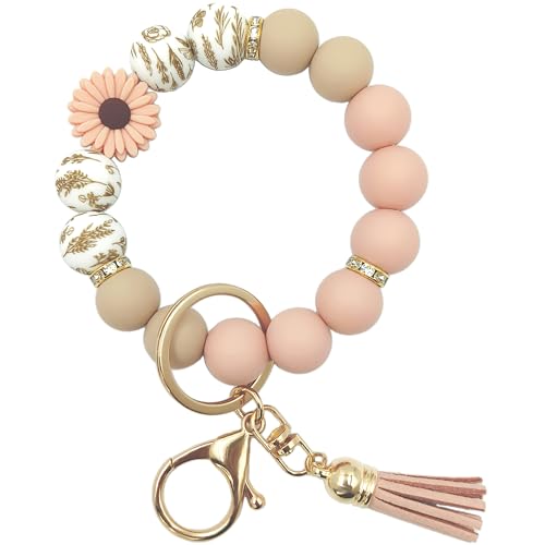 SHINYHARBOR Silicone Beaded Wristlet Keychain Bracelet,Key Wrist Keychains for Women Mom Teachers Best Friend - color: Daisy-beige