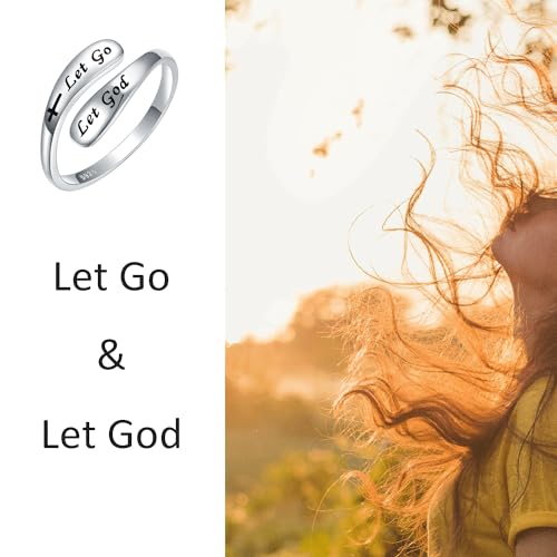 925 Sterling Silver Inspirational Adjustable Rings - Personality Encouragement Jewelry Gift For Women - style: Let Go Let God