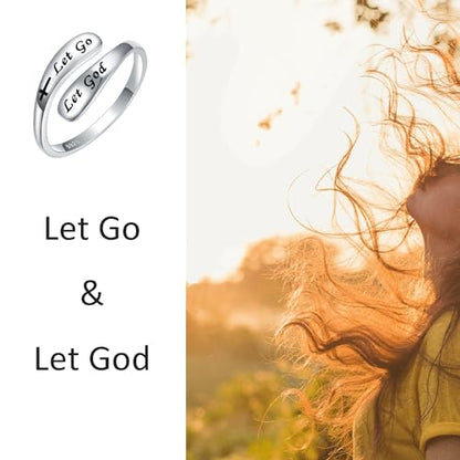 925 Sterling Silver Inspirational Adjustable Rings - Personality Encouragement Jewelry Gift For Women - style: Let Go Let God