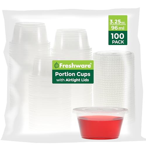 Freshware Plastic Portion Cups with Lids [3.25 Ounce, 100 Sets] Disposable Plastic Cups for Meal Prep, Salad Dressing, Jellos Shot Cups, Souffle Cups, Condiment and Dipping Sauce Cups - size: 3.25 oz - 100 sets