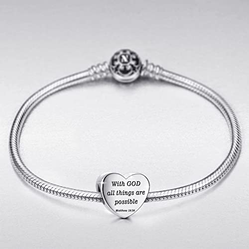 Heart Charm Fit Pandora Charms Bracelet Christian Bible Verse Charm Prayer Faith Religious Charms Gifts for Women - style: With God All Thins Are Possible Matthew 19:26