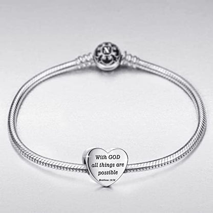 Heart Charm Fit Pandora Charms Bracelet Christian Bible Verse Charm Prayer Faith Religious Charms Gifts for Women - style: With God All Thins Are Possible Matthew 19:26