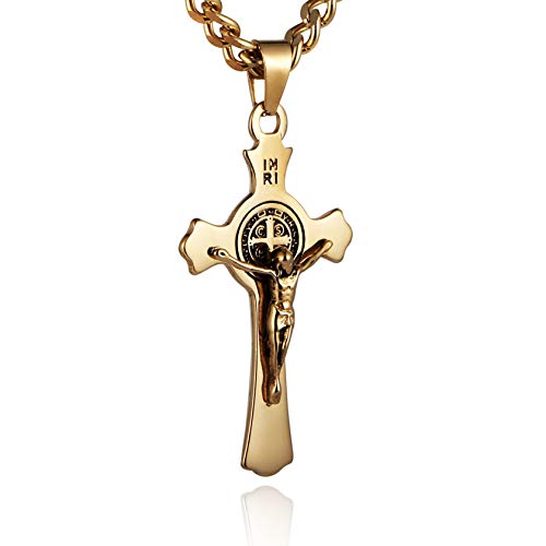 HZMAN Stainless Steel St. Benedict Crucifix Cross Necklace for Men - color: Standard Gold