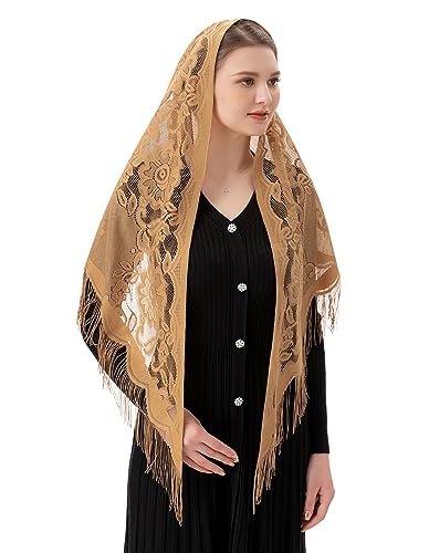 PAMOR Triangle Catholic Church Veil Chapel Veil Scarf Mantilla Veils Wrap Shawl Mass Head Covering with Fringe Trim - color: Beige