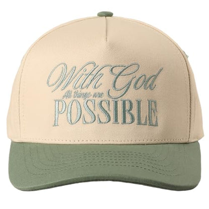 MIRMARU Christian Theme 5 Panel Embroidered Cotton Trucker Hat with Inspirational Faith Sayings for Men and Women - color: With God All Possible, Sage