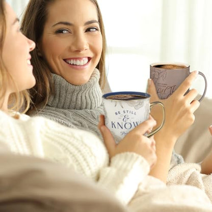 Christian Art Gifts Novelty Large Ceramic Scripture Coffee Mug for Women - color: White & Navy Blue/Be Still