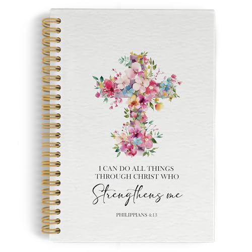 Floral Christian Spiral Notebook Journal, I Can Do All Things Through Christ Bible Notebooks for Note Taking, Christian Gifts for Women, Bible Hardcover Spiral Journal 5.5x8.3 Inches Writing Pads - color: Cross
