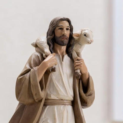 Good Shepherd Jesus Statue with Lamb, 12 Inch Religious Decor - color: Brown