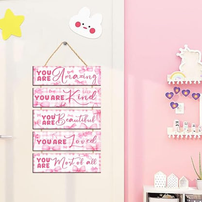 Pink Bows Wall Art Wooden Inspirational Girls Bedroom Signs Aesthetic Decor - color: Pink You Are Quotes