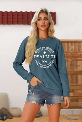 Christian Sweatshirts for Women Psalms 91 Long Sleeve Shirt - color: Blue, size: Large
