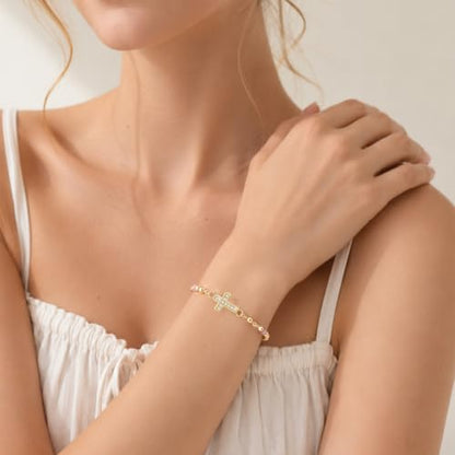 Women's Catholic Cross Rosary Bracelet,14K Gold Plated Virgin Mary Bracelet - color: Gold-2