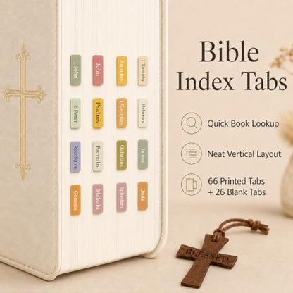 90 Bible Book Tabs with Cross Bookmark, Boho Laminated Index Tabs for Study