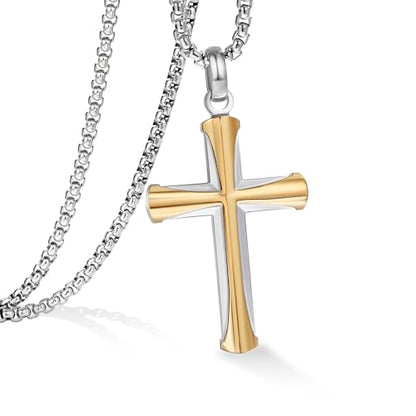 Stainless Steel Cross Necklace for Men with Adjustable Box Chain Christian Cross neckalce Gift - color: Silver-Gold