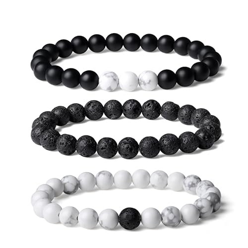 Mens Beaded Bracelets, 8MM Beaded Bracelets for Men, Natural Tiger Eye Bead Bracelet, Stretch Elastic Beads Bracelets for Men - color: 3 black volcanic white pine