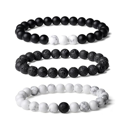 Mens Beaded Bracelets, 8MM Beaded Bracelets for Men, Natural Tiger Eye Bead Bracelet, Stretch Elastic Beads Bracelets for Men - color: 3 black volcanic white pine