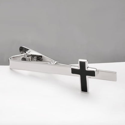 Silver Gold Cross Tie Clip for Men CZ Mother of Pearl Oil Drip Tie Bar Clip Personalized - color: silver