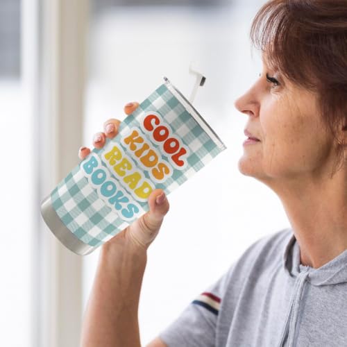 Blue Gingham Cool Kids Read Books 20oz Travel Coffee Mug Tumbler - color: cool