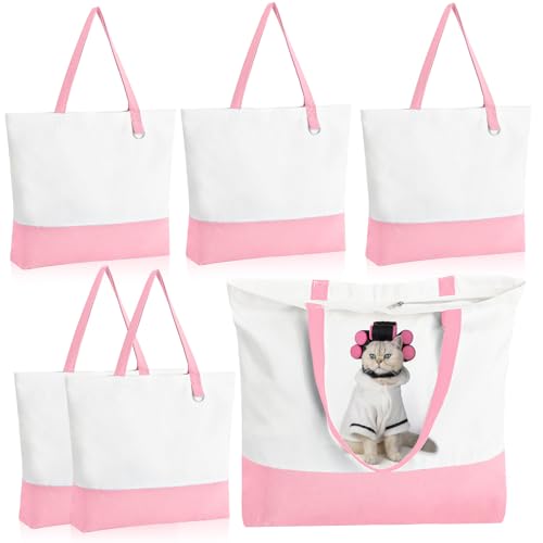 6-Pack Canvas Tote Bag with Zipper, Large Reusable Grocery Tote, Pink - color: Pink/White