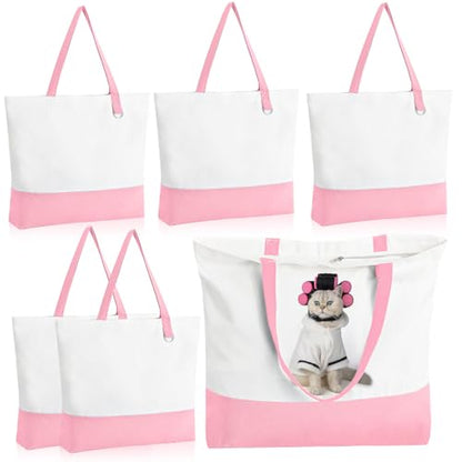 6-Pack Canvas Tote Bag with Zipper, Large Reusable Grocery Tote, Pink - color: Pink/White