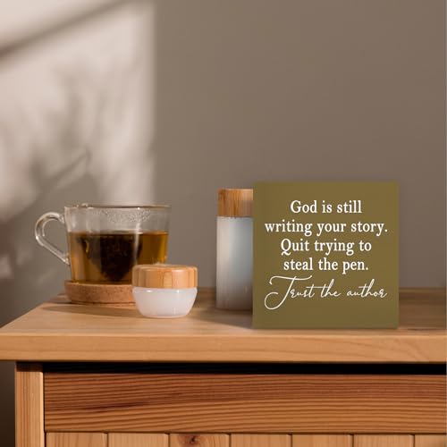 God Is Still Writing Your Story,Wood Box Sign Desk Decor, Christian Scripture Bible Verse Prayer Room Earthy Yellow Decor Wooden Block Sign Decorations for Home Office Wall Tabletop Shelf - color: Colour 09, size: 5 x 5 in