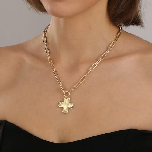 Chunky Cross Necklace for Women, 14K Gold Silver Pendant Necklace - color: Gold-Lobster Clasp-1 inch pendant