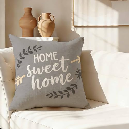 Cozy Farmhouse Family Throw Pillow Cover,Home Sweet Home Gray Background Decorative Pillow Case,Rustic Arrow Leaf Cotton Linen Cushion Case for Home Decor 18 * 18 Inch - color: Settype11