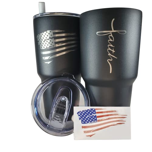 Faith Cross 30oz Patriotic Tumbler - American Flag Tumbler Travel Mug - Patriotic Coffee Travel Mug - Double Insulated 30oz Tumbler - Engraved in the USA - (Faith Cross)