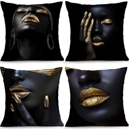 Black Gold African Woman Pillow Covers Set of 4, 18x18 Home Decor - color: Afrian 05, size: 18" x 18" (Pack of 4)