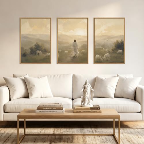 HLNIUC Vintage Jesus Lamb Framed Canvas Wall Art,Large Abstract Christian Bible Wall Decor,Religious Scripture Sunset Artwork Set of 3(16x24),The Good Shepherd Art Print for Living Room,Bedroom,Church - color: Jesus Sheep, size: 16"L x 24"W
