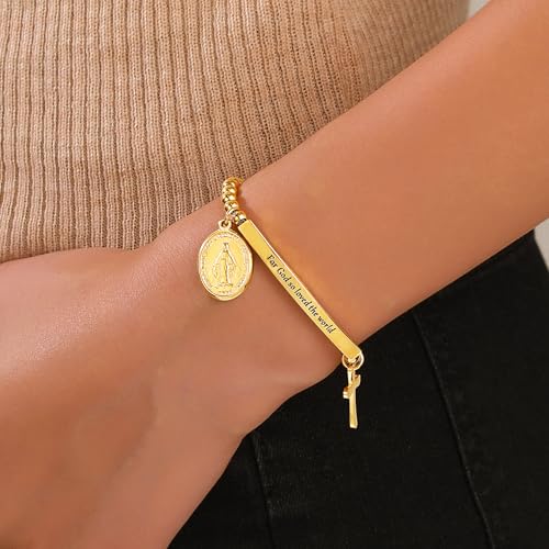 DS Women Christian Charm Bracelet,Cross Scripture Stainless Steel Jewelry - style: For God so loved the world-Gold