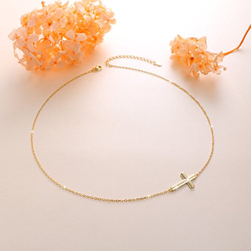 DAOCHONG S925 Sterling Silver Sideways Cross Choker Necklace 14+4 Inch - color: Gold-tone