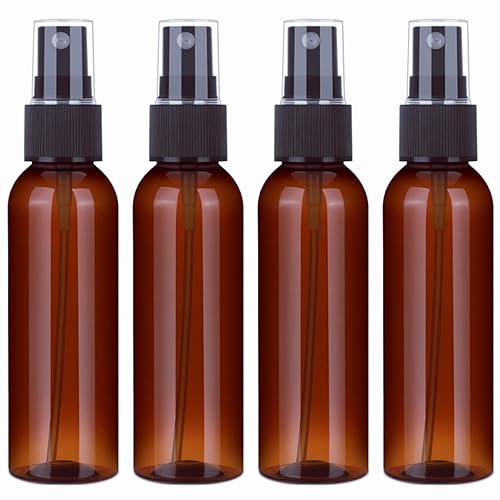 SINIDE Plastic Spray Bottles 100 ml/3.4 oz, Amber Fine Mist Mini Travel Bottle Set, Portable Refillable Makeup Sprayer Containers for Perfume, Liquids, Aromatherapy, Cleaning Solution (4 Pack) - color: 100ML 4 Pack (Amber)