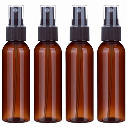 SINIDE Plastic Spray Bottles 100 ml/3.4 oz, Amber Fine Mist Mini Travel Bottle Set, Portable Refillable Makeup Sprayer Containers for Perfume, Liquids, Aromatherapy, Cleaning Solution (4 Pack) - color: 100ML 4 Pack (Amber)