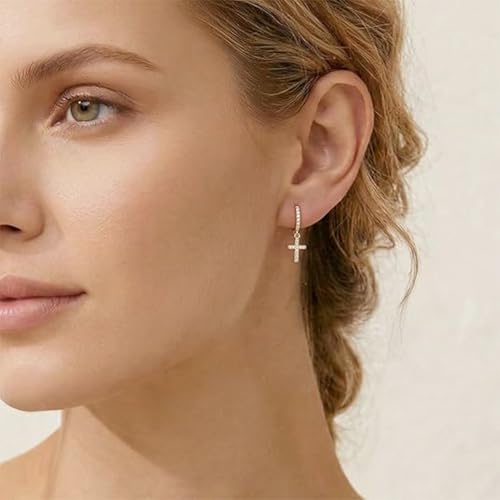 Cross Dangle Hoop Earrings for Women with CZ Stones - color: Gold